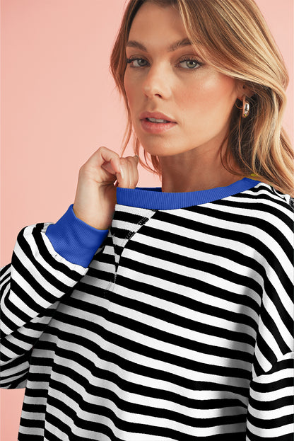 Black Stripe Contrast Edge Cross Seam Oversized Sweatshirt
