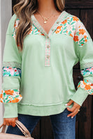 Clearly Aqua Lace Floral Patchwork Hooded Henley Top