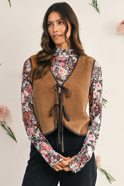 Light French Beige Fleece Tie Front Winter Vest