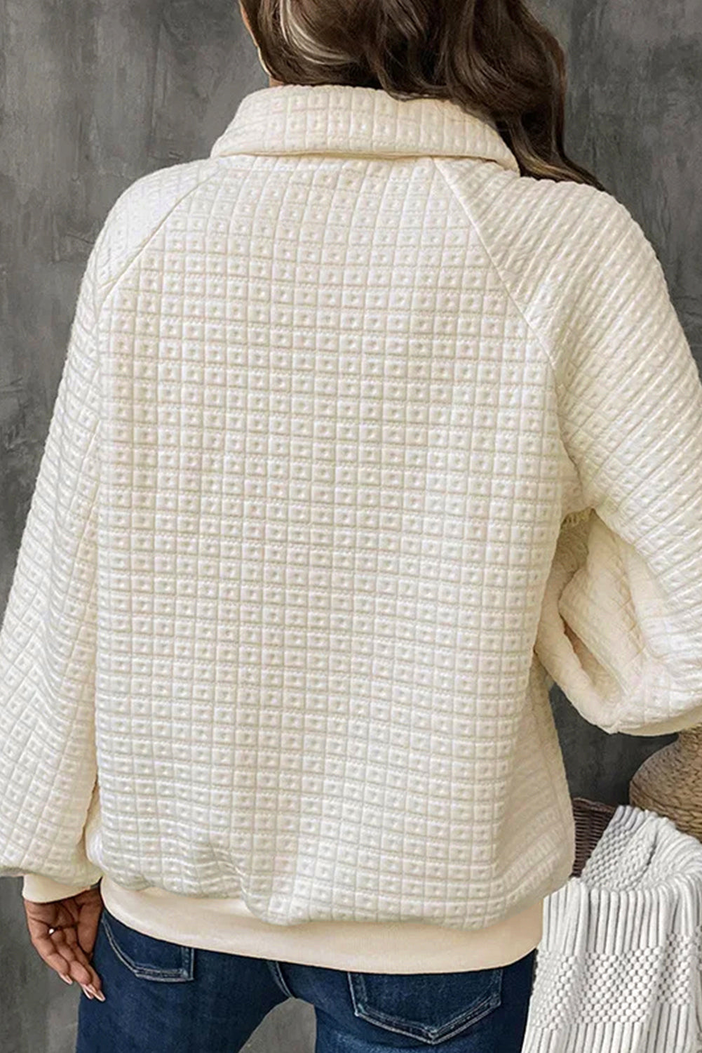 Beige Balloon Sleeve Casual Collared Button Sweatshirt