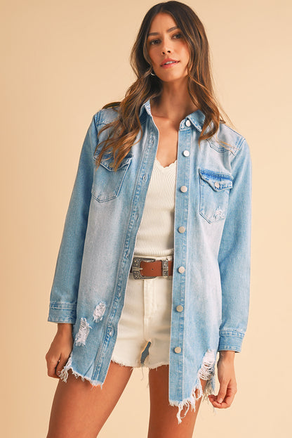 Beau Blue Light Wash Distressed Frayed Long Denim Shacket