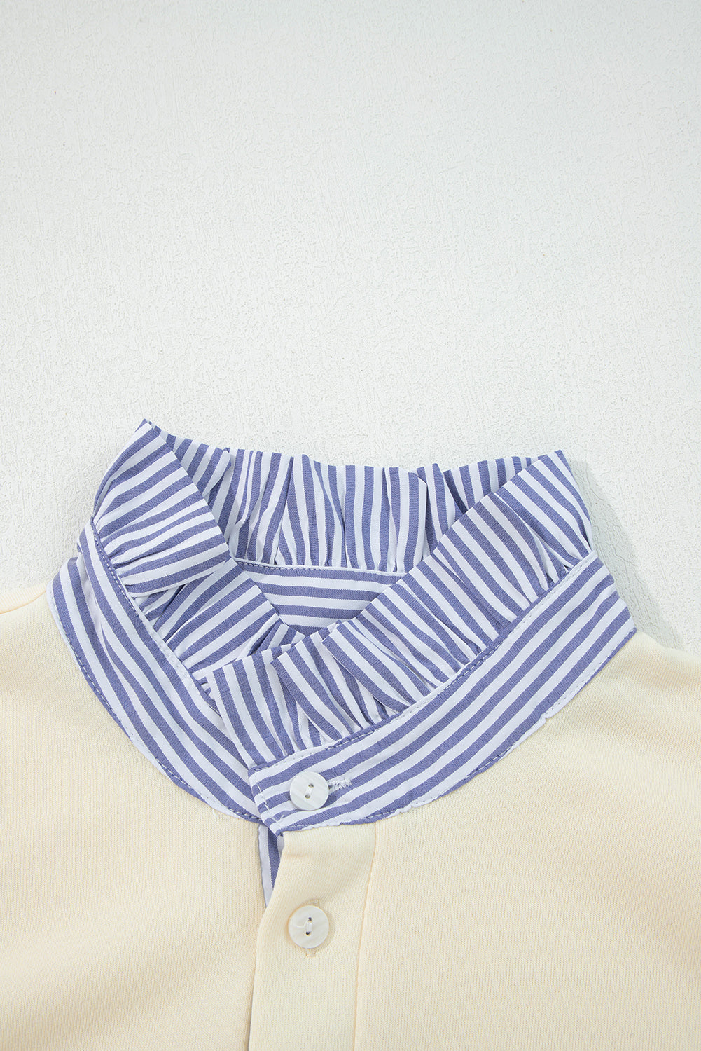 White Striped Ruffle Button Neck Pullover Sweatshirt