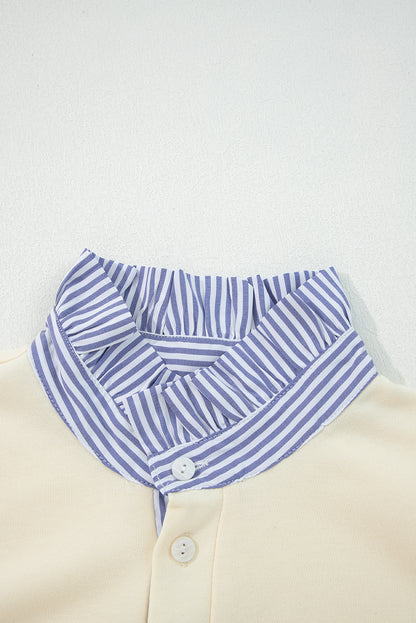 White Striped Ruffle Button Neck Pullover Sweatshirt