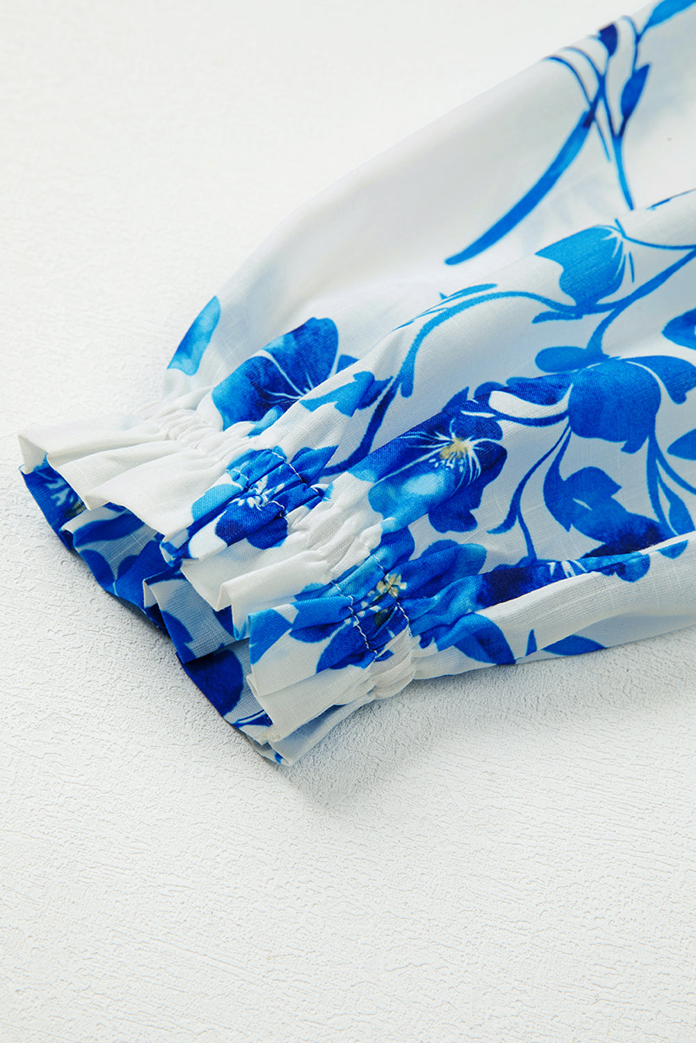 Blue Floral Long Sleeve Lace-up V Neck Blouse