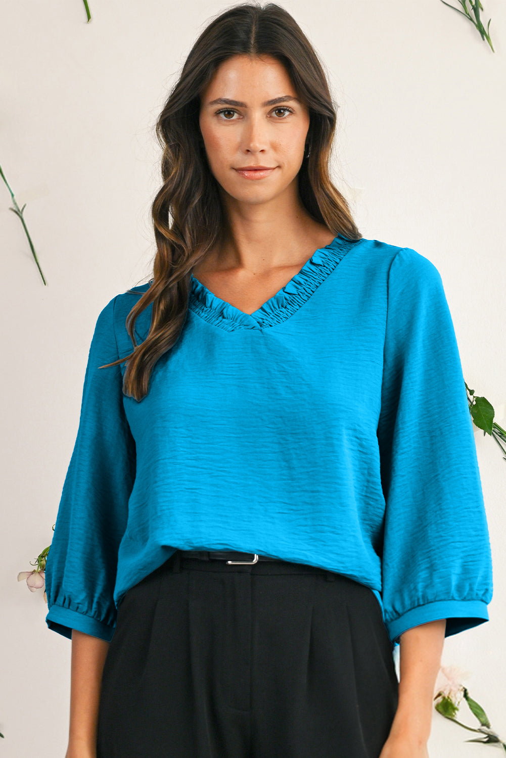 Sky Blue Frill V Neckline Puff Sleeve Crinkled Blouse