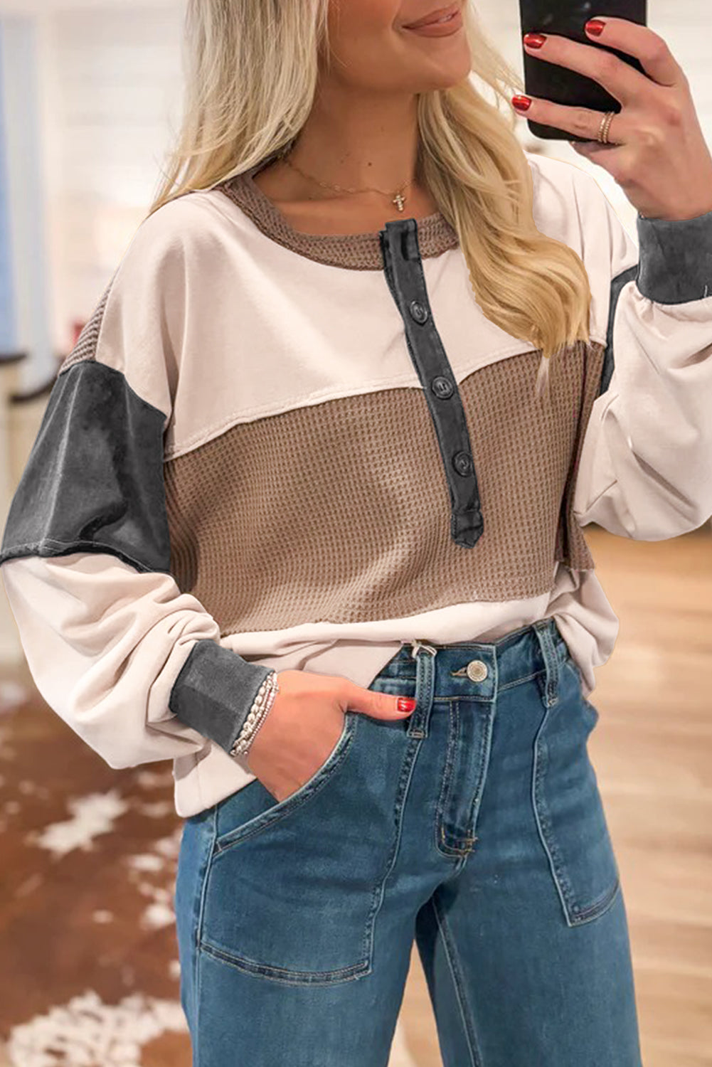 Jet Stream Colorblock Waffle Patchwork Loose Henley Top