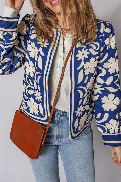 Blue Flower Print Open Front Buttoned Cuffs Jacket