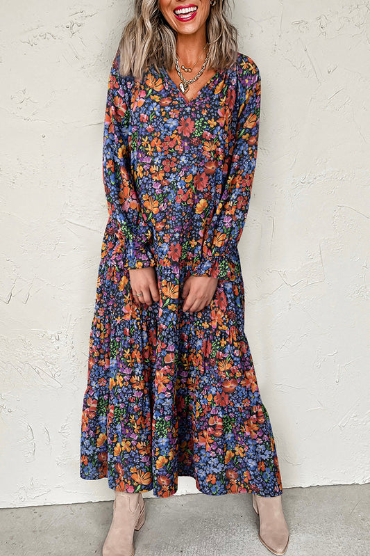 Blue Floral Print V Neck Long Sleeve Flowy Maxi Dress
