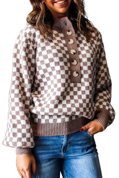 Dark Brown Plaid Contrast Trim Button Neck Sweater