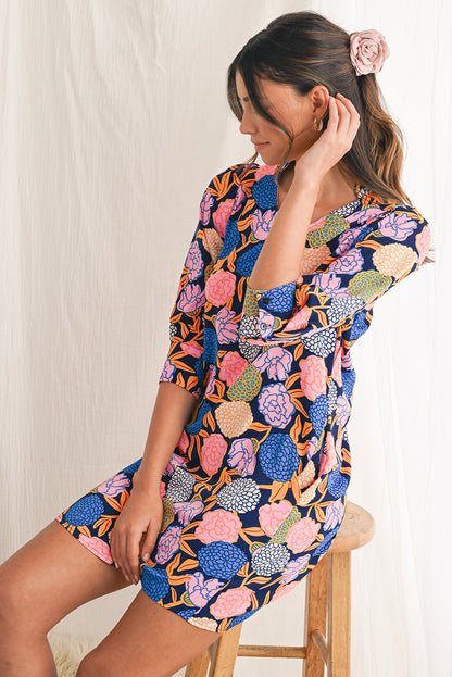 Navy Blue Hydrangea Floral V Neck Puff Sleeve Dress