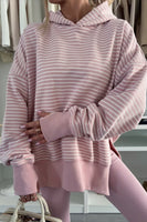 Purple Stripe Thumbhole Side Slits Drop Shoulder Loose Fit Hoodie