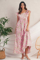 Pink Floral Print Square Neck Ruffled Strap Maxi Dress
