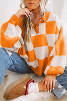 Grapefruit Orange Checkered V-Neck Collared Pullover Sweater
