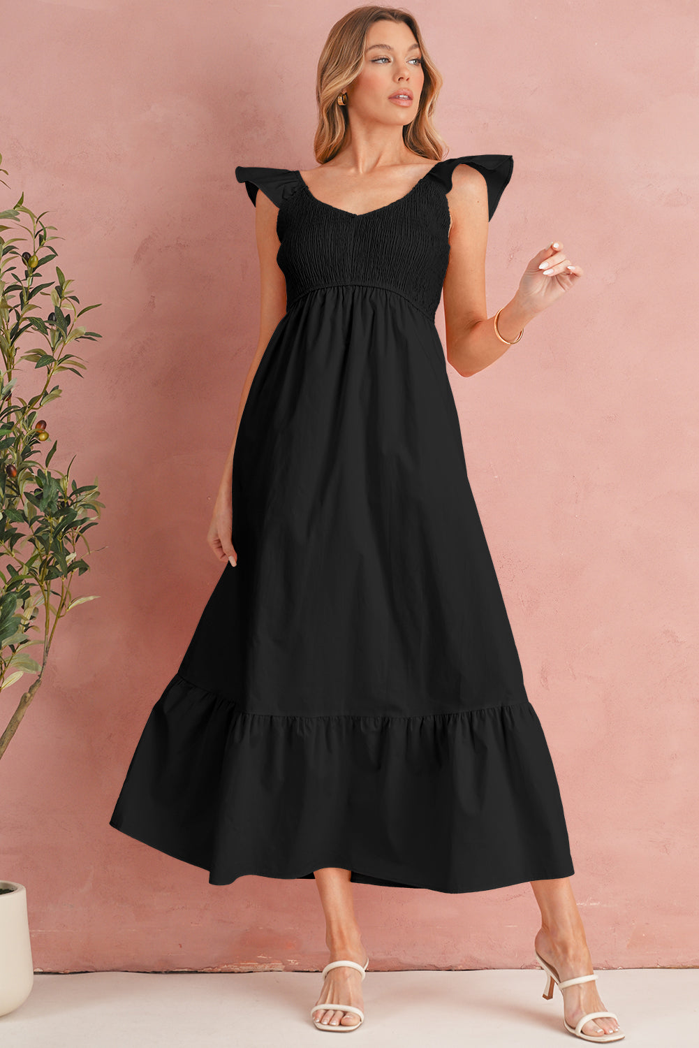 Black V Neck Flutter Sleeve Smocked Bodice High Waist Ruffle Maxi Dress