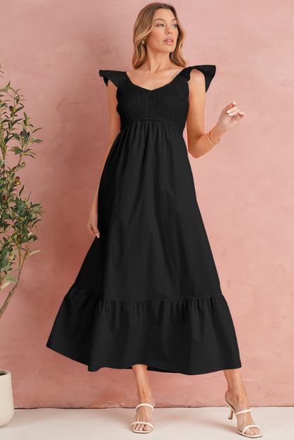 Black V Neck Flutter Sleeve Smocked Bodice High Waist Ruffle Maxi Dress
