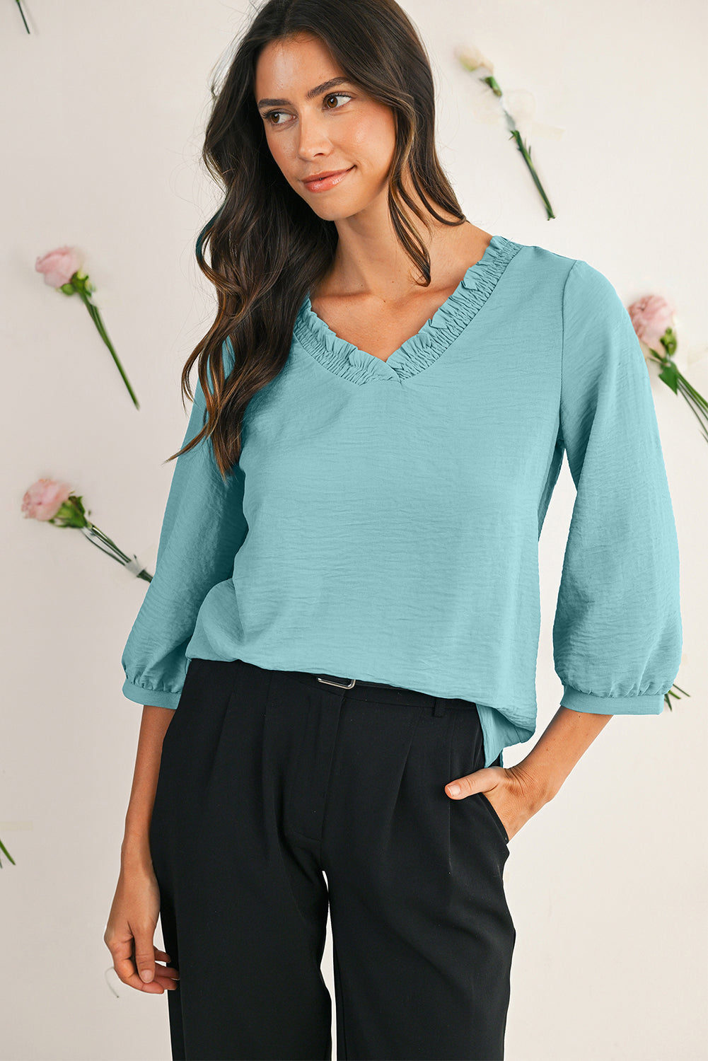Moonlight Jade Frill V Neckline Puff Sleeve Crinkled Blouse