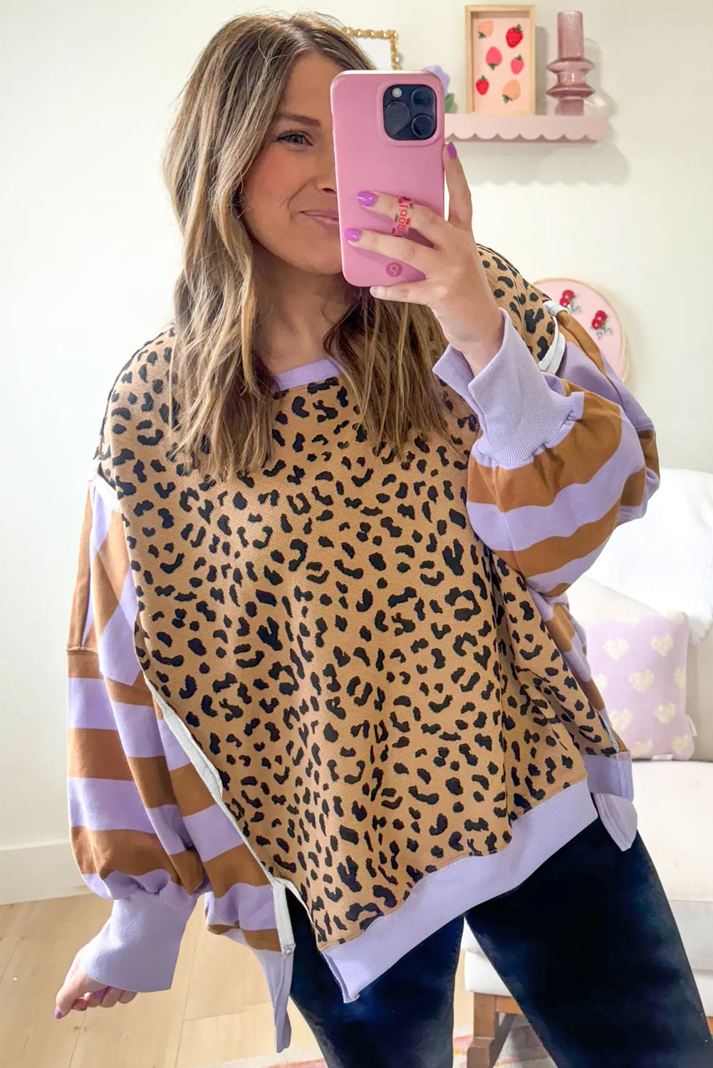 Purple Striped Leopard Colorblock Side Slits Sweatshirt