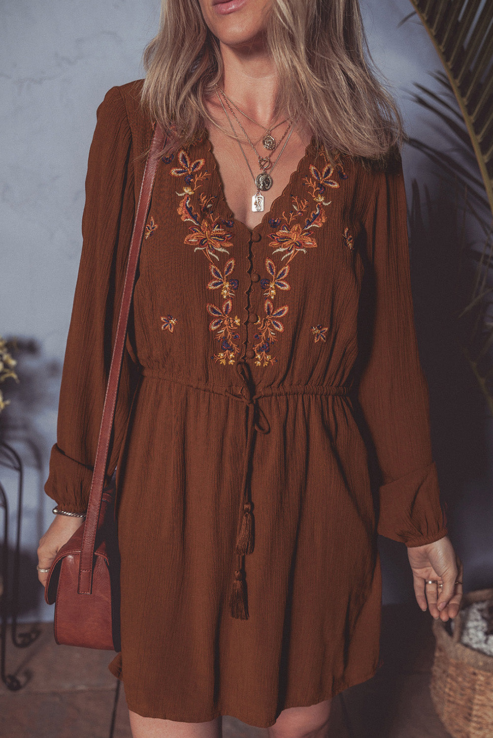 Burgundy Floral Embroidered Tassel Tie Waist Long Sleeve Mini Dress