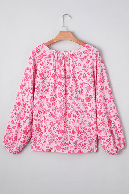 Pink Floral Puff Sleeve Split Neck Blouse