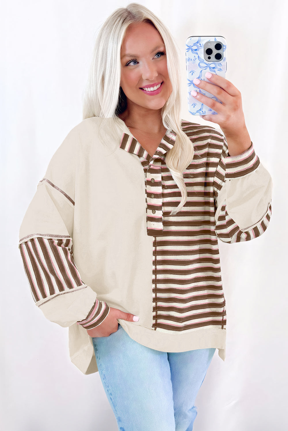 Khaki Striped Patchwork Oversized Pullover Top