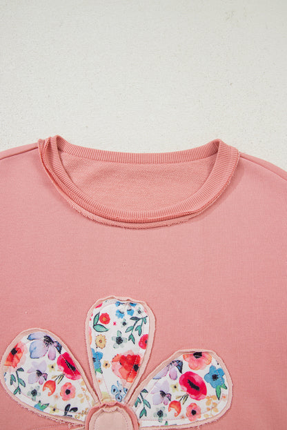 Peach Blossom Flower Applique Patchwork Drop Sleeve Pullover Sweatshirt