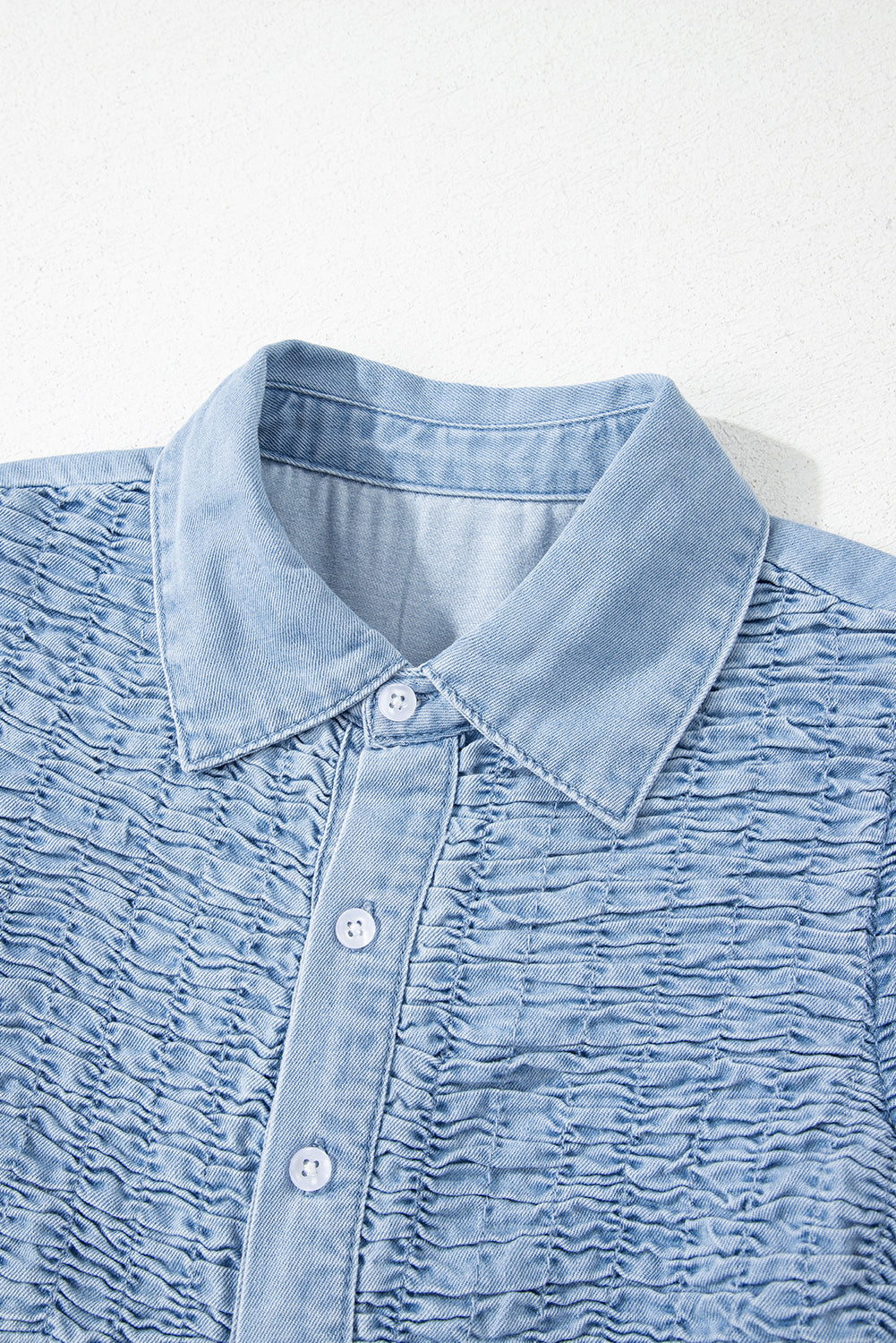 Beau Blue Flutter Sleeve Shirred Button Up Denim Mini Dress