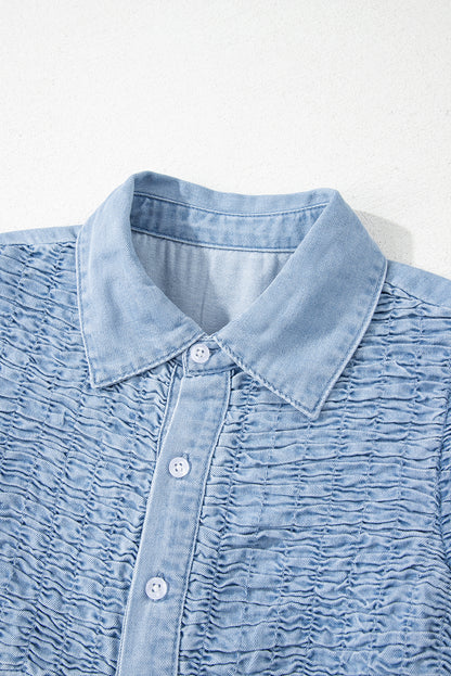 Beau Blue Flutter Sleeve Shirred Button Up Denim Mini Dress