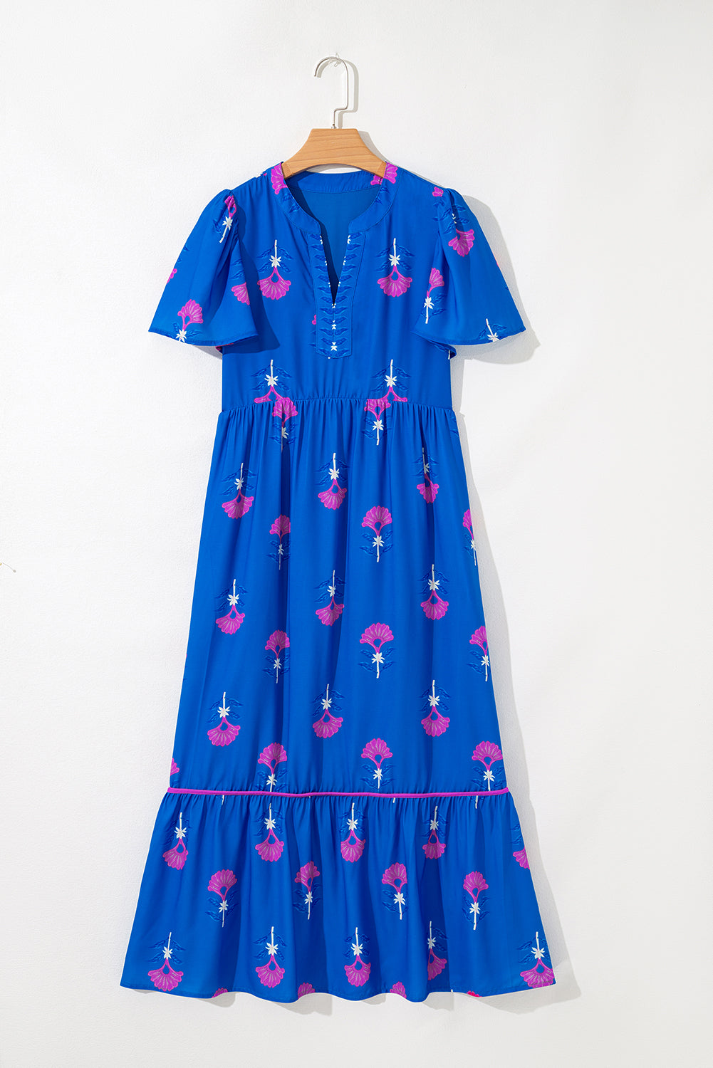 Blue Floral Print Notched Neck Flounce Sleeve Maxi Dress