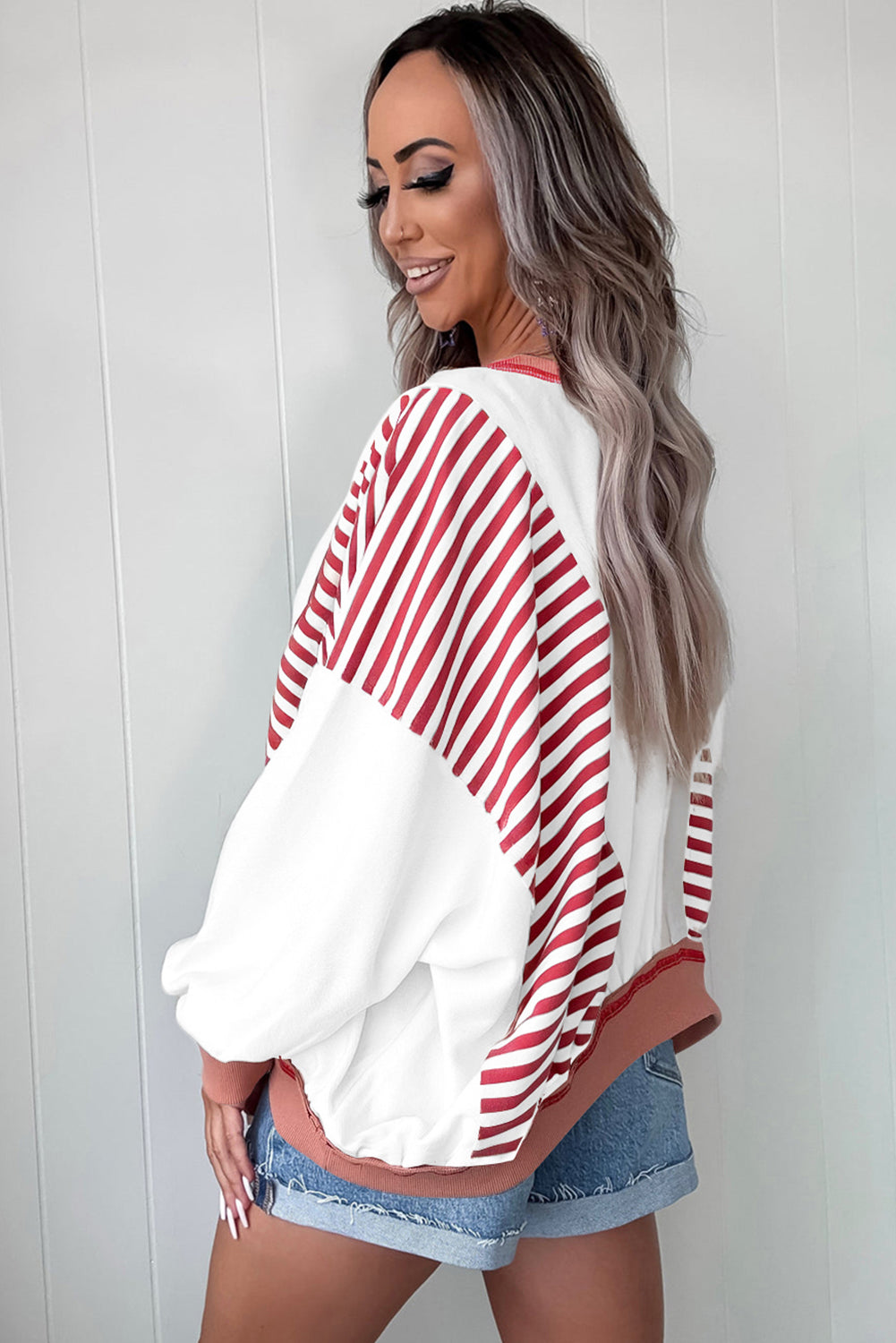 Red Striped Colorblock Patchwork Oversized Sweatshirt