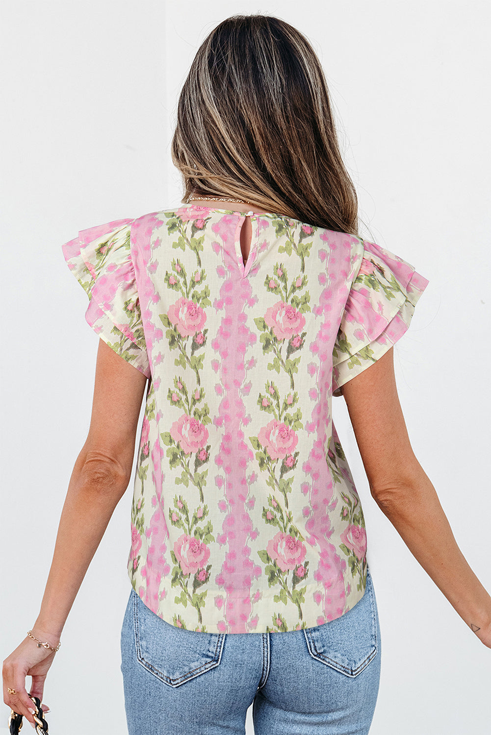 Pink Floral Print Layered Ruffle Sleeve Summer Top