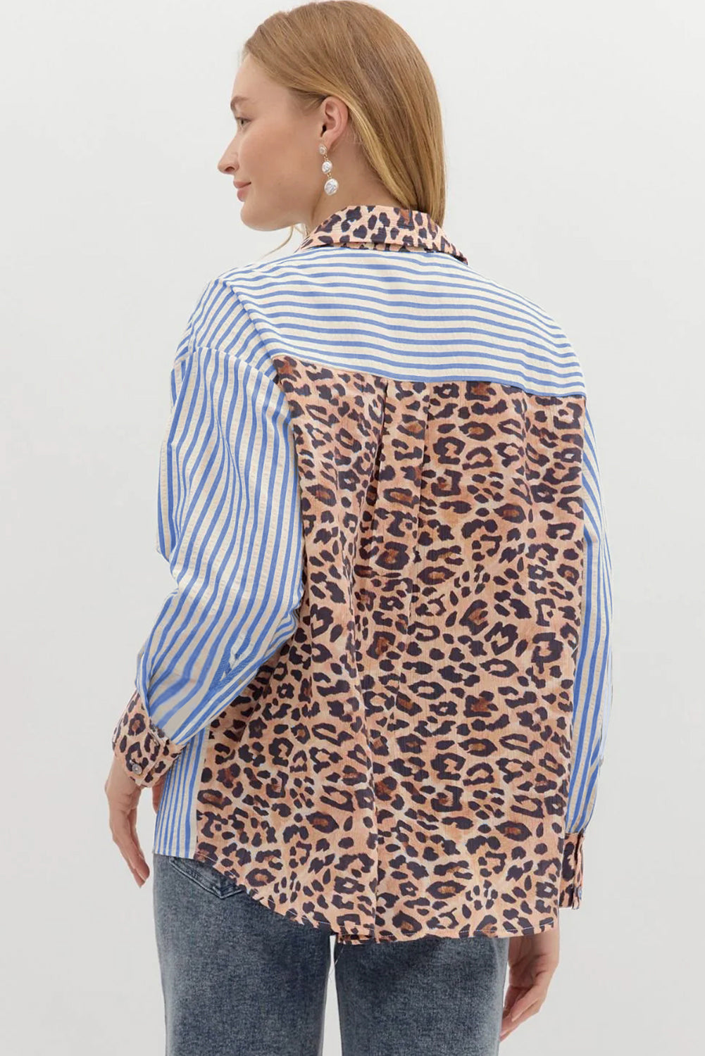 Sky Blue Leopard and Striped Patchwork Button Shirt