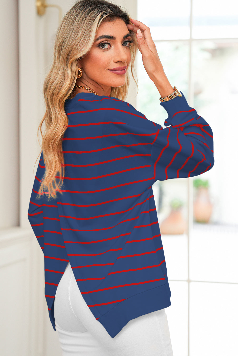 Blue Striped Overlap Detail Drop Shoulder Pullover Sweatshirt