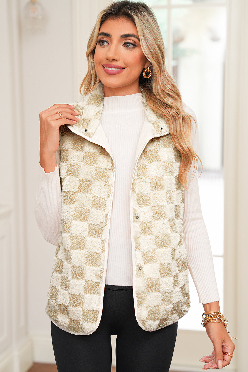Khaki Sherpa Checkerboard Snap Button Vest Jacket