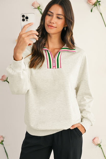 Light Grey Pop of Color Collared Patchwork Pullover Sweatshirt