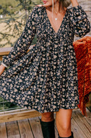 Black Floral Smocked V Neck Bubble Sleeve Babydoll Dress