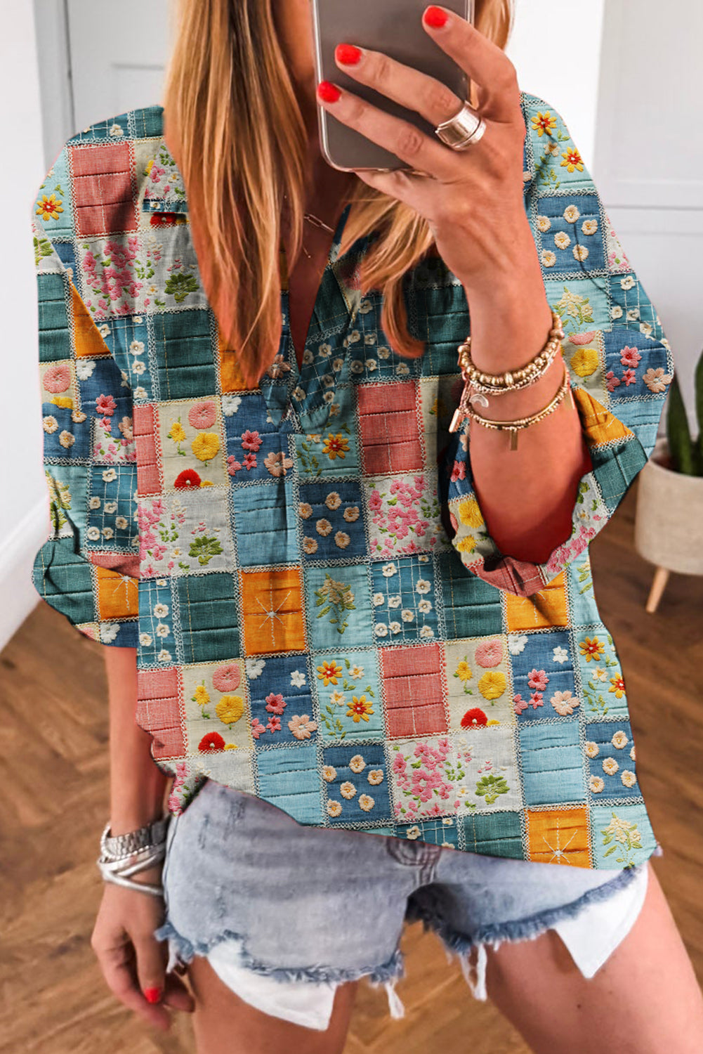 Sky Blue Floral Patchwork Collared V Neck Blouse