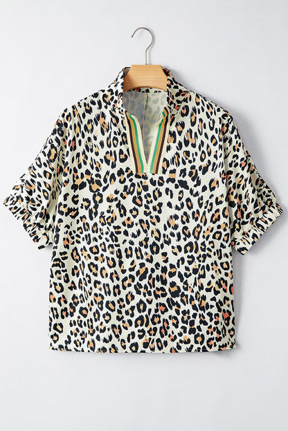 Khaki Pop of Color Neckline Loose Fit Leopard Print Blouse