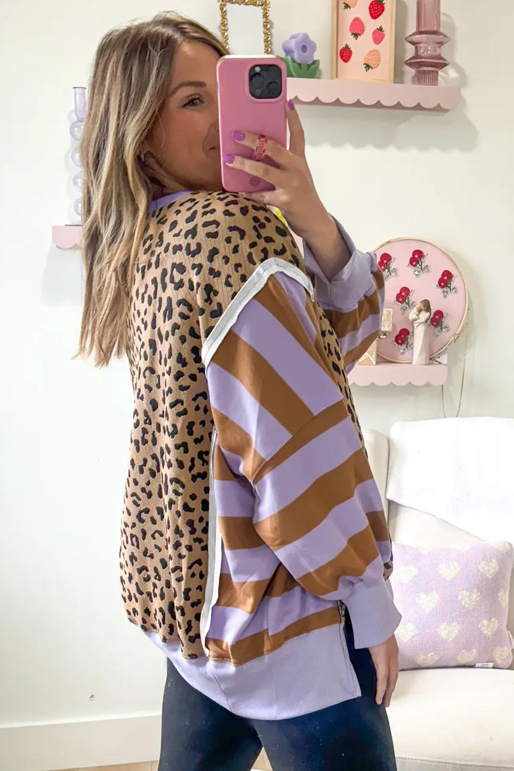 Purple Striped Leopard Colorblock Side Slits Sweatshirt