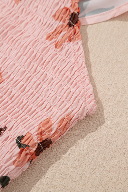 Pink Floral V Neck Smocked High Waist Ruffle Hem Maxi Dress