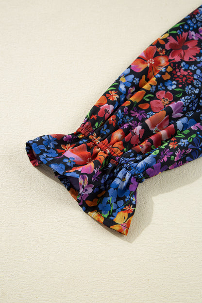 Blue Floral Print V Neck Long Sleeve Flowy Maxi Dress