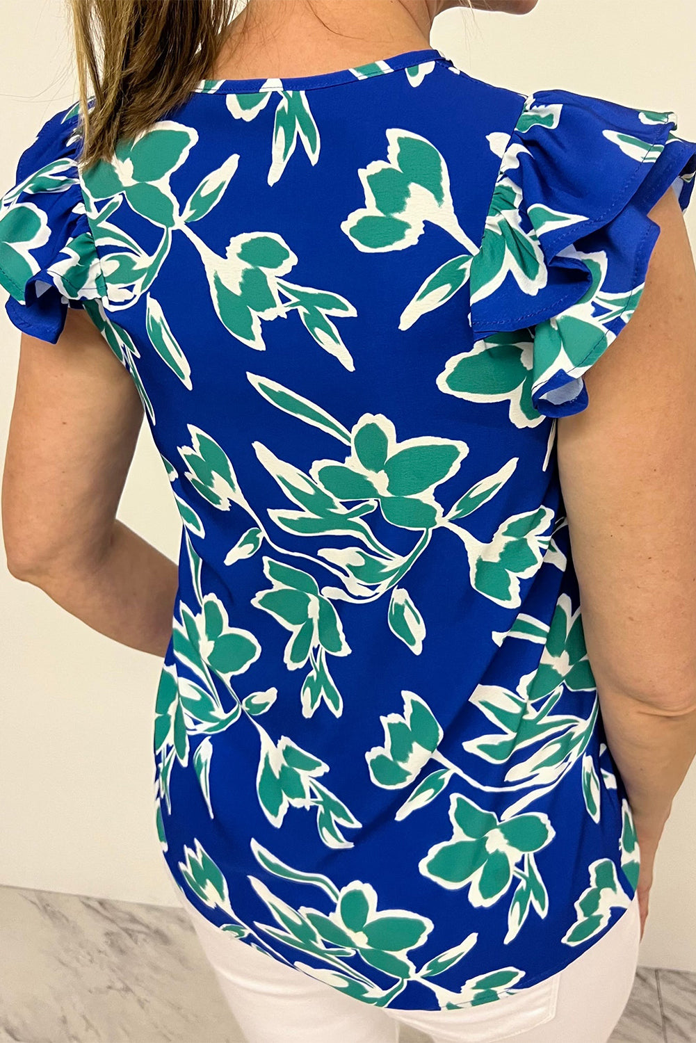 Blue V Neck Floral Print Ruffle Short Sleeve Blouse