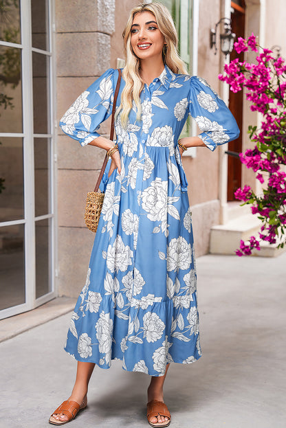 Sky Blue Floral Print Puff Sleeve Collared Dress