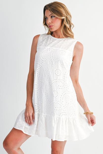 White Floral Eyelet Embroidered Sleeveless Shift Dress