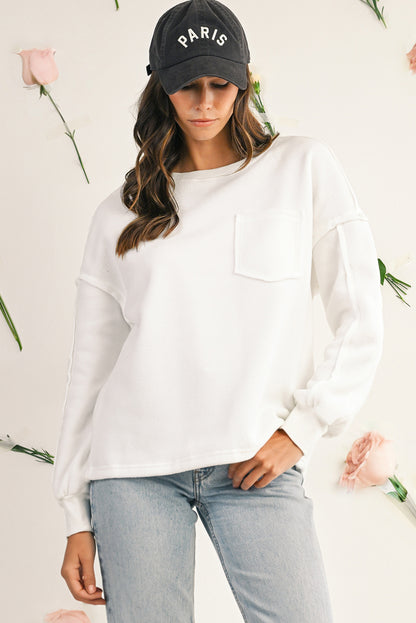 White Solid Color Drop Sleeve Pullover Sweatshirt