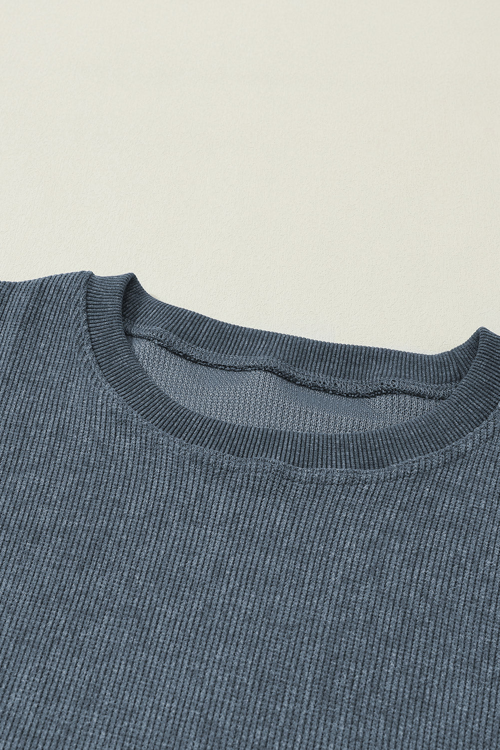 Blue Plain Solid Ribbed Knit Round Neck Pullover Sweatshirt