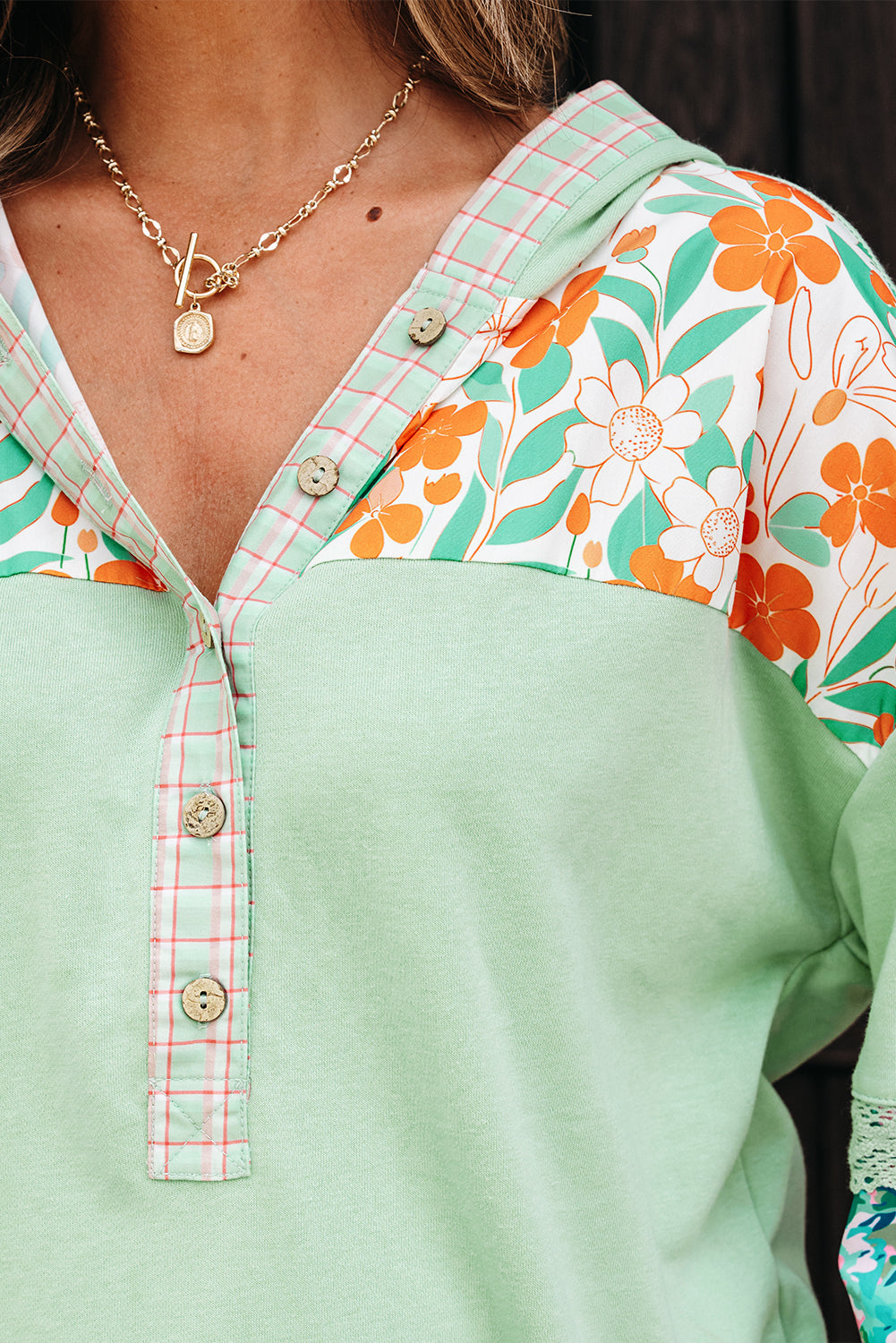 Clearly Aqua Lace Floral Patchwork Hooded Henley Top