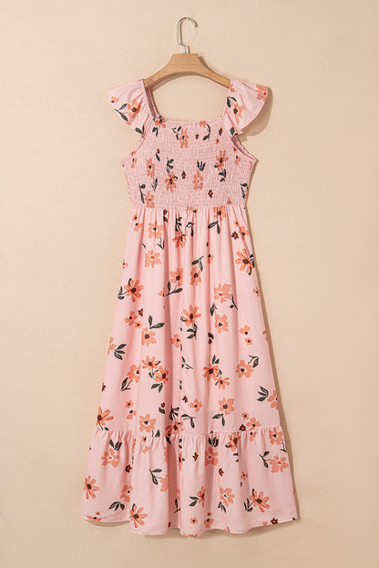 Pink Floral V Neck Smocked High Waist Ruffle Hem Maxi Dress