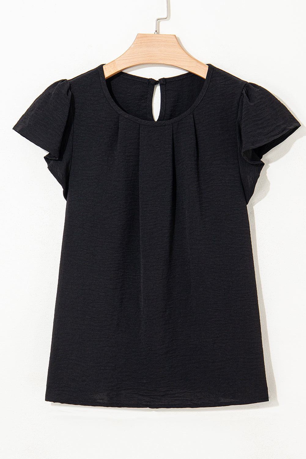 Black Flounce Sleeve Pleated Textured Blouse