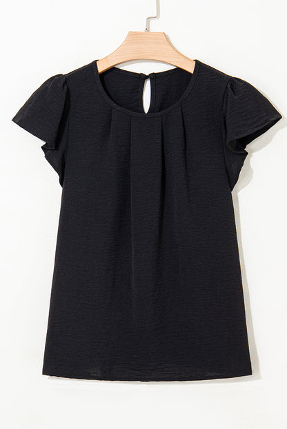 Black Flounce Sleeve Pleated Textured Blouse