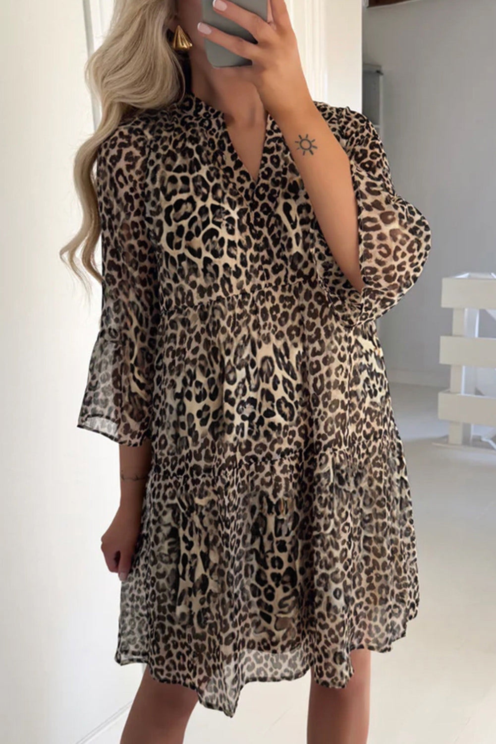 Khaki Leopard 3/4 Sleeve V Neck Swing Dress